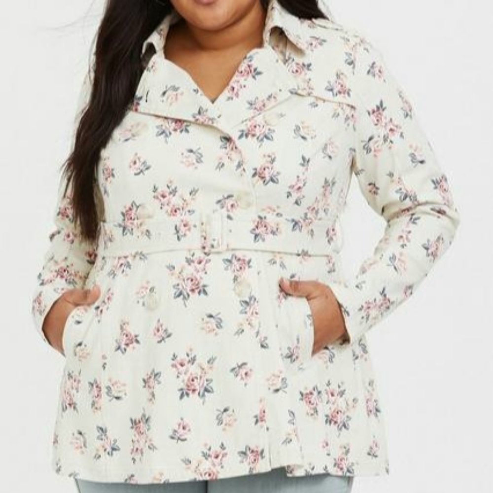 Torrid Rose Floral Belted Twill Trench Pea Coat 5XL 28 NWT with Minor Defect